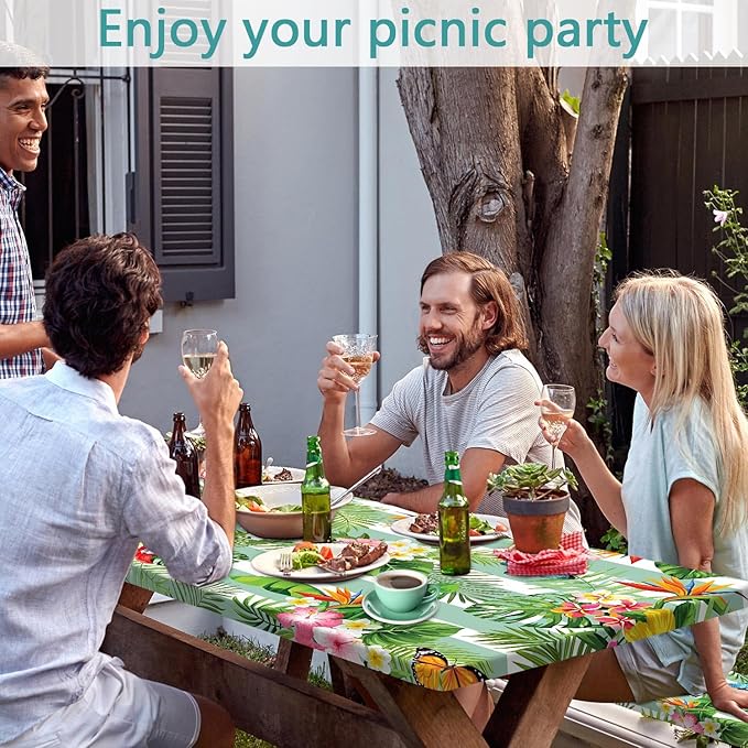 Picnic Table Cover with Bench Covers, Camping Essentials Hawaiian Luau Tropical Palm Leaves Flower Butterfly Waterproof Windproof Fitted Tablecloth Cover with Elastic Edge for Outdoor 3 PCS 30x96 Inch