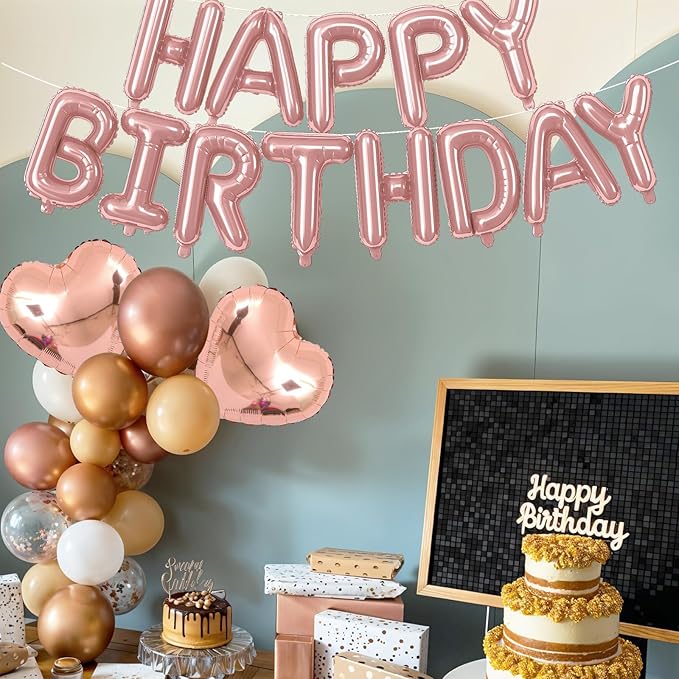 Happy Birthday Balloon Banner Rose Gold, 16 Inch Mylar Letters Rose Gold Heart Foil Balloons Dusty Blush Pink Nude Metallic Ivory Balloons Boho Neutral Birthday Decorations for Girls Women