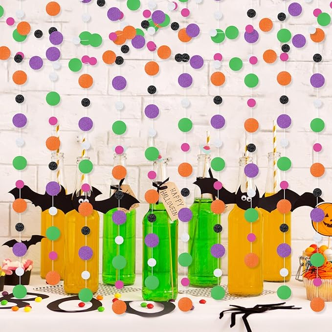 Outus 10 Pieces Orange,Black,Purple,Green,White Round Dots Garland Graduation Party Hanging Decor Each Length 13.1ft Glitter Paper Dot Streamers for Birthday Wedding Classroom Supplies