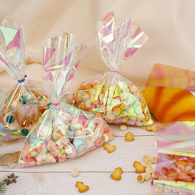 50 PCS Holographic Bags(8x11 Inch) with Colorful Ties, Clear PLastic Iridescent Cellophane Goodie Gift Treat Candy Goody Cookie Bags for Holiday Birthday Valentines Party Favors Supplies Decorations