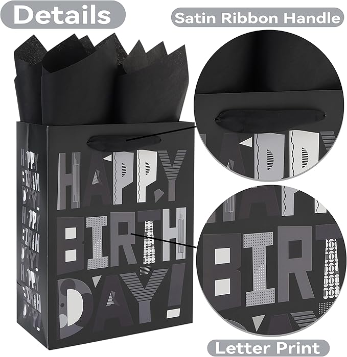 wishinside 2-Pack 10.6” Medium Black Happy Birthday Gift Bag Set with Greeting Cards and Tissue Papers for Men Boys Kids Teens, Cartoon Birthday Design, 2 Pcs