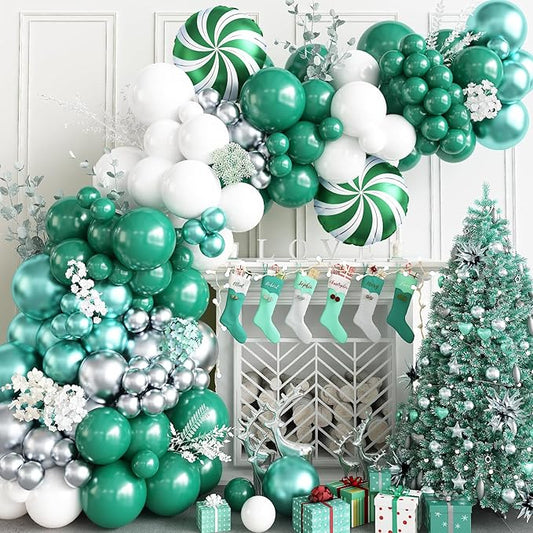 HILAVO Green Christmas Balloon Arch Kit, 132 PCs Green and White Silver Balloons with Pinwheel Balloons for Christmas Holiday Baby Shower New Year Winter Birthday Party Supplies