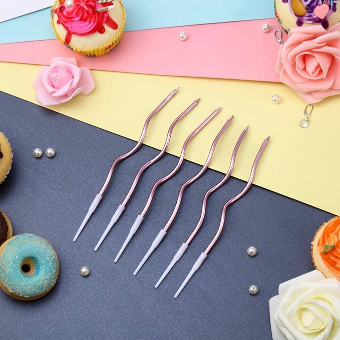 48 Pieces Twisty Birthday Spiral Cake Candles with Holders Long Thin Curly Coil Metallic Cake Cupcake Candles for Birthday Wedding Party Decoration(Metallic Rose Gold)