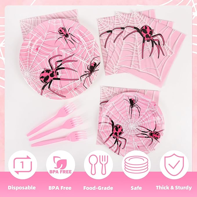 96 Pcs Pink Ghost Spider Party Supplies Disposable Tableware Set Serve 24 Guests Include Spider Web Paper Plates and Napkins Plastic Forks for Birthday Party Baby Shower Halloween Decorations(Pink)