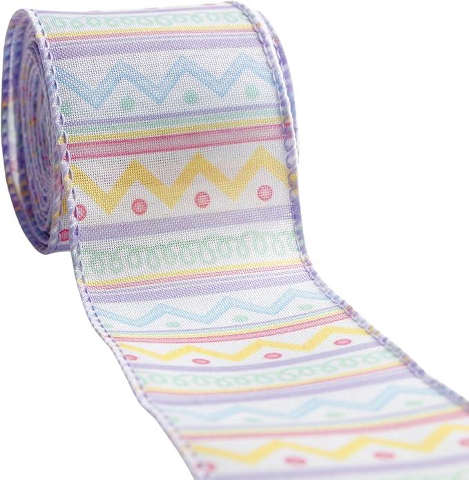 Meseey 2.5 Inch x 10 Yards Pastel Easter Chevron Wired Ribbon, Colorful Zigzag Wired Edge Ribbon for Easter Wreaths, Gift Wrapping, Easter Baskets, Crafts, Spring Party Decorations