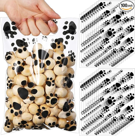 Pasimy 100 Pcs Dog Paw Gift Bags Bulk Pet Paw Puppy Plastic Treat Favor Candy Goodie Bags with Handle for Dog Birthday Party Decoration Supplies(Clear Black)