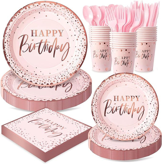 Pink and Rose Gold Happy Birthday Party Plates Set, 168PCS Dots Paper Plates Napkins Cups and Pink Cutlery, 24 Set Disposable Tableware for Birthday Baby Shower Party Decorations