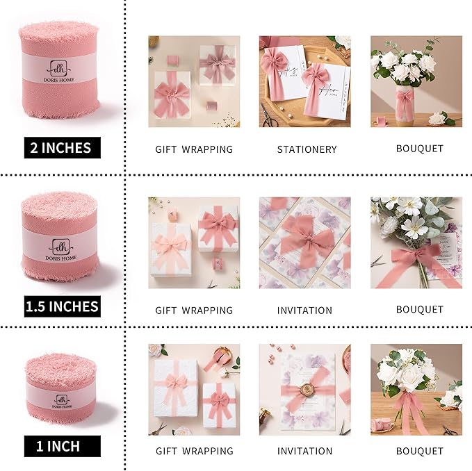 DORIS HOME 2" x21Yd Chiffon Ribbon for Flower Bouquet, Pink & Dusty Rose Fabric Ribbon for Gift Wrapping, Handmade Frayed Ribbon for Wedding/Christmas Decorations
