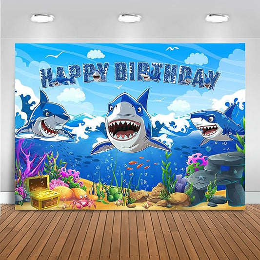 Mocsicka Shark Birthday Backdrop Shark Themed Under The Sea Happy Birthday for Boys Party Decorations Cake Table Banner Photography Background Party Supplies