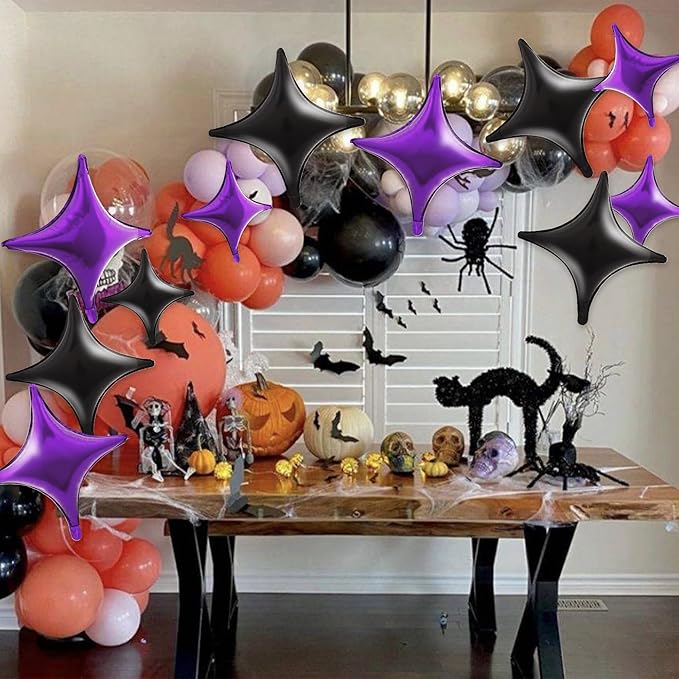 TONIFUL 30Pcs 26In&10In Star Balloons Black and Purple Four Pointed Foil Mini Star Mylar Balloons for Halloween Birthday Wedding Baby Shower Anniversary Engagement Party Decor Supplies