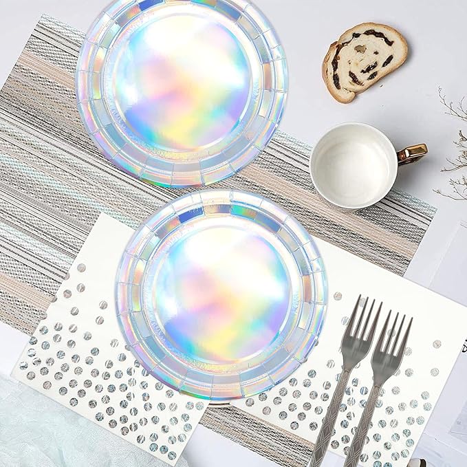 72Pcs Iridescent Silver Plates and Napkins Party Supplies, Holographic Disposable Paper Plates Napkins with Forks Tableware Set for Mermaid Birthday Wedding Iridescent Party Decorations