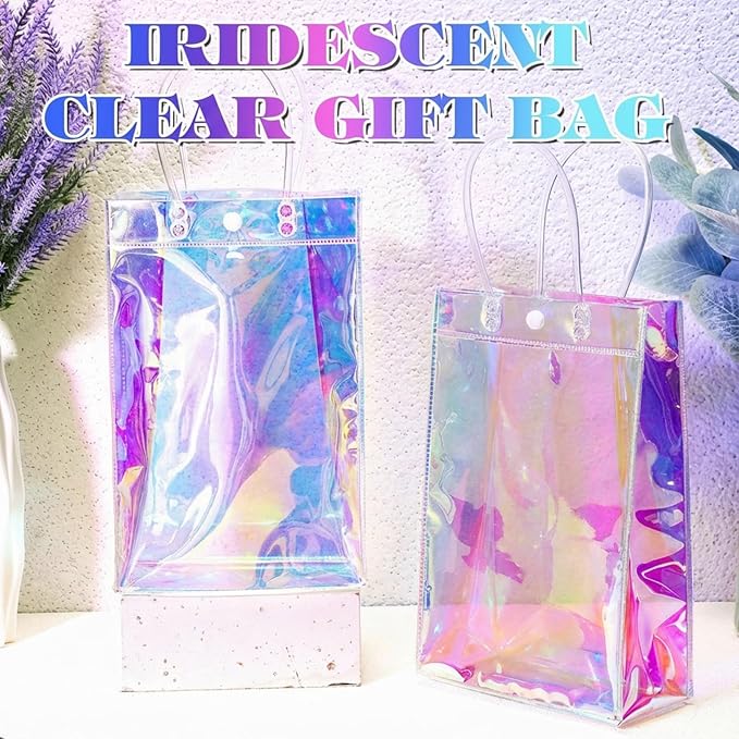 Sherr 16 Pcs Holographic Small Gift Bag Reusable Iridescent Clear Bags for Women PVC Plastic Goodie Holder with Handles for Shopping Christmas Holiday Party Favor(6.3" x 9.84" x 3.15",Rainbow)