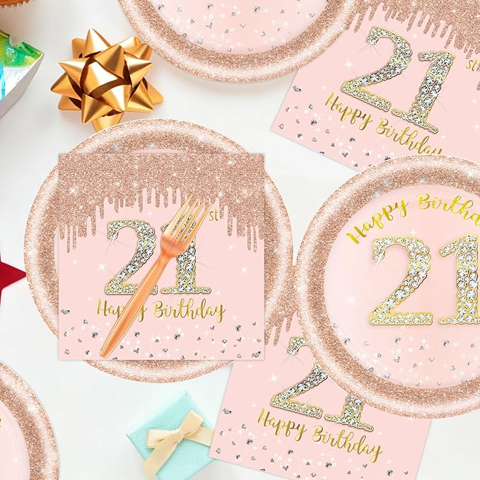 60 PCS 21st Birthday Decorations for Women, 21st Birthday Plates and Napkins Rose Gold Disposable Tableware Set Party Supplies for Women Girl Cheers to 21 Years Anniversary (21ST)