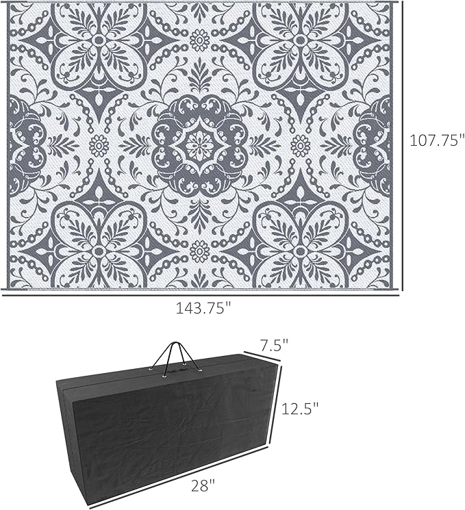 Outsunny Outdoor Rug for Patio, 9' x 12' Waterproof Large Mat, Reversible Plastic Straw Rug for Decor, Portable Outside RV Camping Area Carpet Mat for Backyard Porch Deck Picnic, Gray & White Floral
