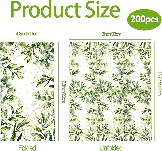 Greenery Paper Napkins, 200 Pcs Green Napkins Disposable, Green Guest Eucalyptus Leaf Decorative Dinner Napkin Paper Hand Towels for Bathroom Wedding Birthday Graduation Spring Party Decor Supplies