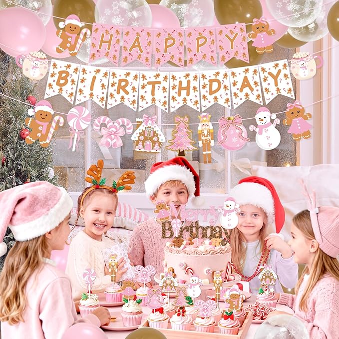 K KUMEED Pink Gingerbread Man Theme Party Decorations,Christmas Happy Birthday Banner Hot Cocoa Mug Candy Cake Topper Latex Balloons for Baby Shower Birthday Party Supplies