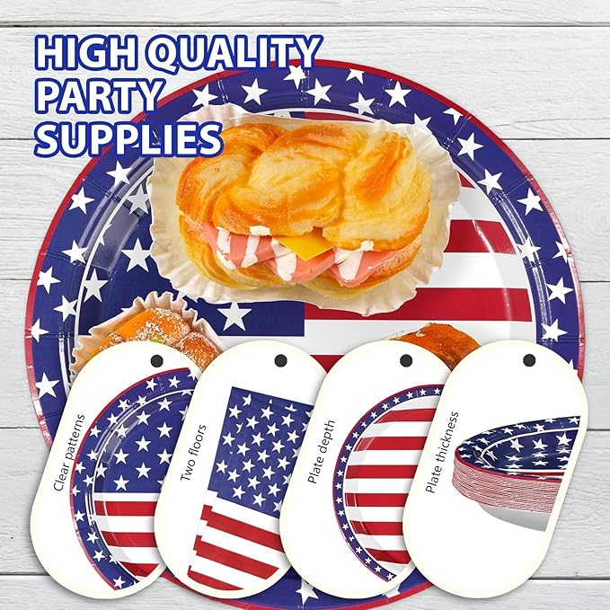96Pcs 4th of July Patriotic Party Supplies Memorial Day Patriotic Paper Plates and Napkins US American Flag Disposable Tableware for 4th of July 250th Anniversary Party Decorations Serve 24
