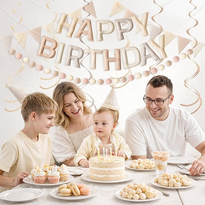 Kriyokiaa Pre-Strung Felt Happy Birthday Banner Retro Neutral Happy Birthday Party Decorations with Pom Pom Garland, Flag and Hanging Swrils for Women Men Boys Girls Party Decor