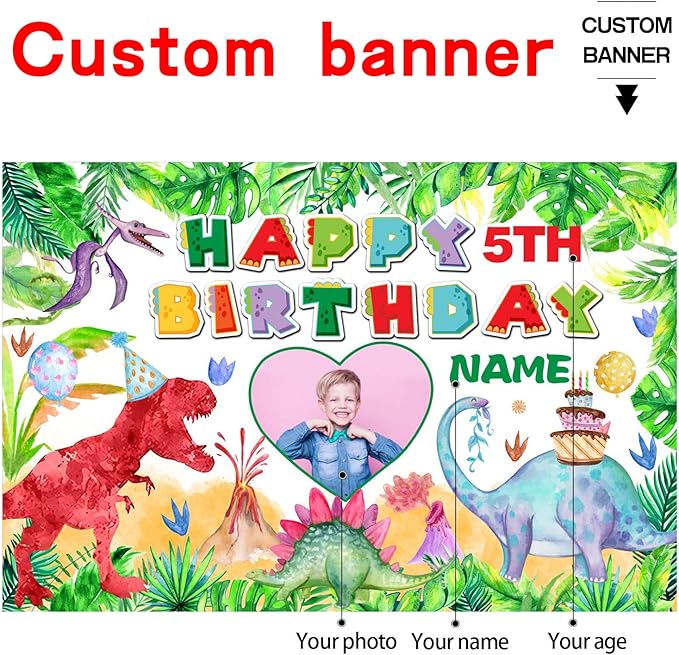 Custom Dinosaur Happy Birthday Party Decorations Supplies Personalized Dinosaur Birthday Backdrop Banner(5x7.5ft)