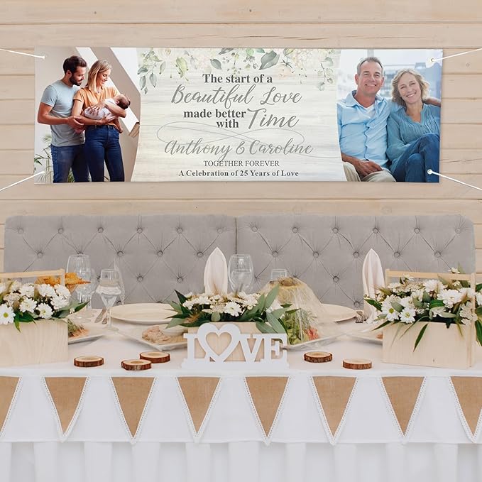 Let's Make Memories Personalized Banner - Anniversary Party Decor - Customized Banner - Any Message - Indoor/Outdoor Vinyl - Now and Then Photos - 10 ft