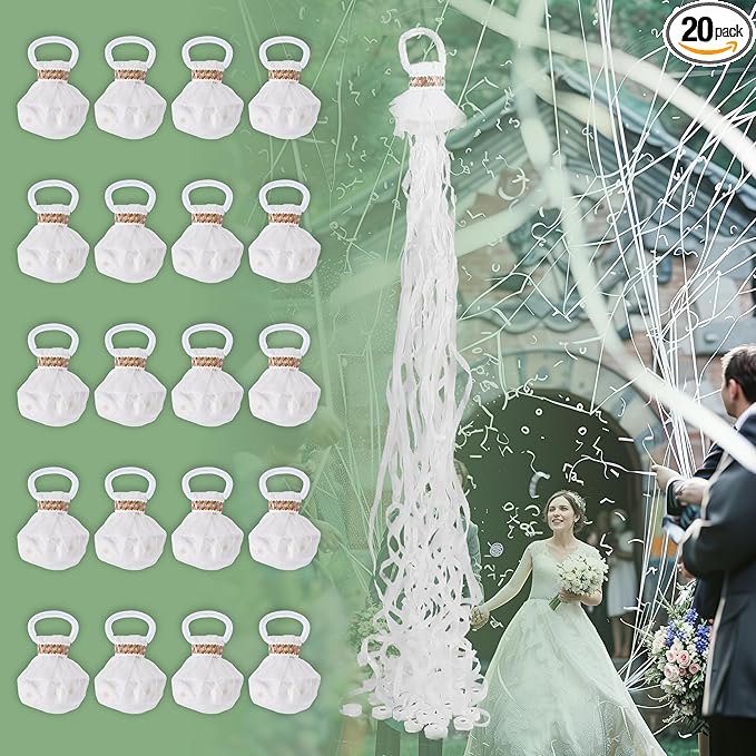 20 Pack Streamer Poppers | No Mess Confetti Crackers | Hand Throw Streamers with White Ribbon | for Wedding, Party, Birthday, Graduation, Celebration