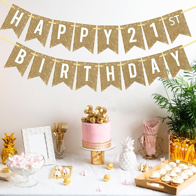 Netnology Pre-Strung Gold Happy 21st Birthday Banner Decorations,12 ft No DIY Gold Glitter 21st Birthday Party Banner Sign Decor for Women Men Girl Boy Party Supplies