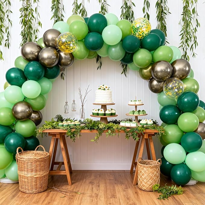 Sage Green and Gold Balloons, 12 Inch Emerald Forest Hunter Dark Green Metallic Gold Latex Balloon with Confetti Balloon for Wild One Jungle Birthday Graduation Safari Baby Shower Decorations Supplies