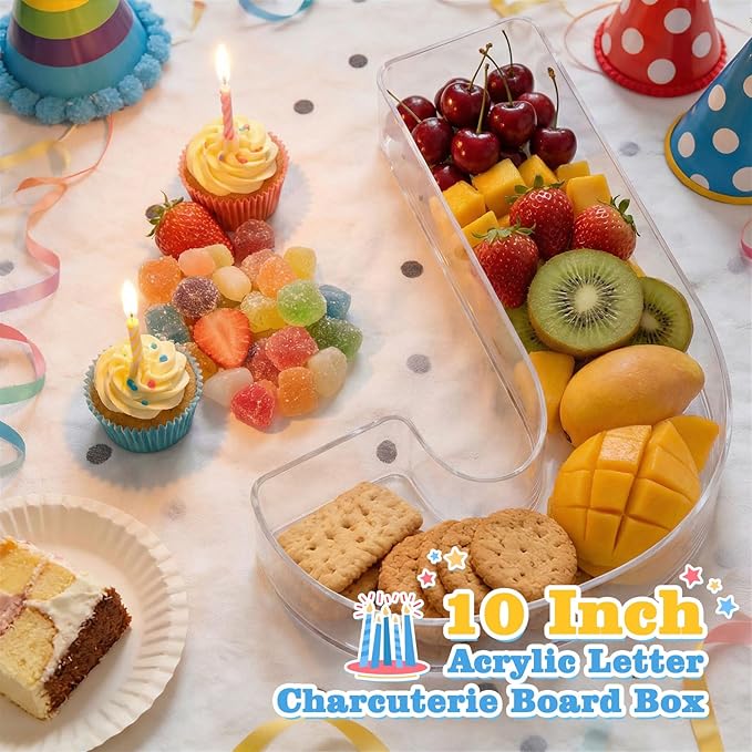 Ledido 10’’ Acrylic Letter Charcuterie Board Box, Reusable Fillable Serving Tray for Candy Cake Fruit Snack, Easy-Clean Acrylic Charcuterie Tray for Birthday Anniversary Party Decorations, Letter J