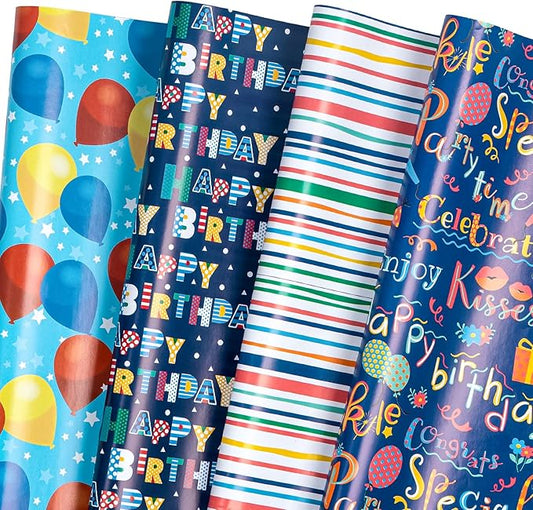 WRAPAHOLIC Birthday Wrapping Paper Sheet - 12 Sheets Folded Flat with 12 Gift Tags for Party, Baby Shower - 19.7 Inch X 27.5 Inch Per Sheet