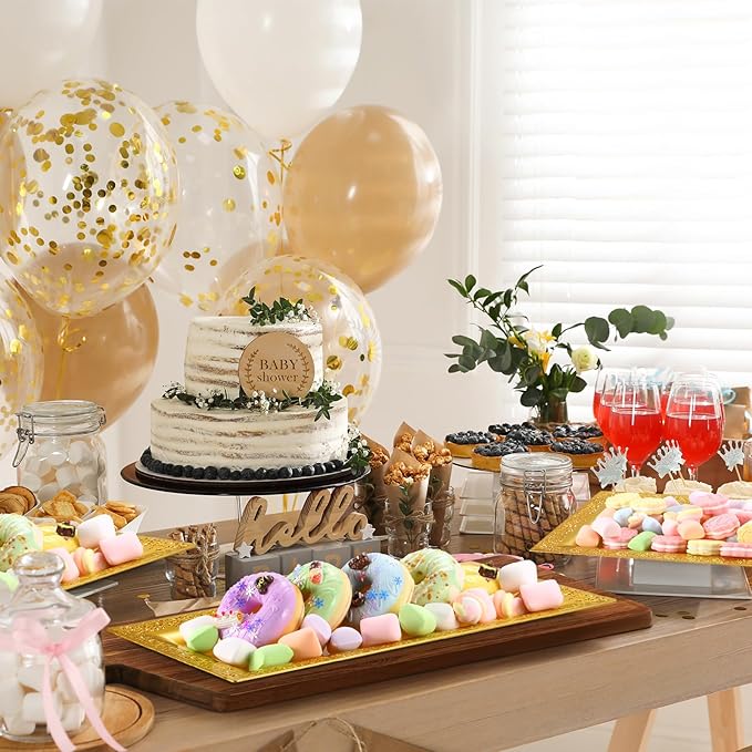 Maxcheck 24 Pcs Gold Plastic Serving Tray Platter Set 14 x 7.5 Inches Gold Lace Rim Serving Trays for Food Dessert Fruit Cupcake Weddings Table Parties Display