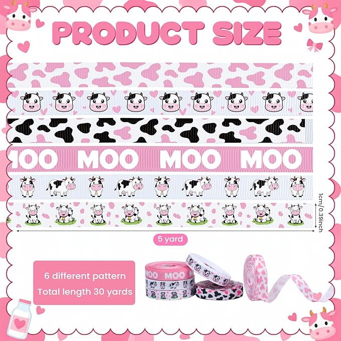 6 Roll Cow Print Ribbons, 3/8 Inch x 30 Yard Pink White Cow Spot Ribbon, Gift Wrap Grosgrain Ribbons, Animal Print Craft Ribbon for Farm Party Favor Christmas Wreath Bow DIY Craft Decor