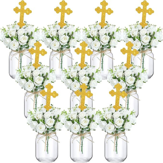 Uiifan 10 Sets Baptism Table Centerpieces with Clear Glass Mason Jars Glitter Gold Cross Cake Topper Sticks Artificial Fake Roses and Flax Rope for Wedding First Communion Party Decorations
