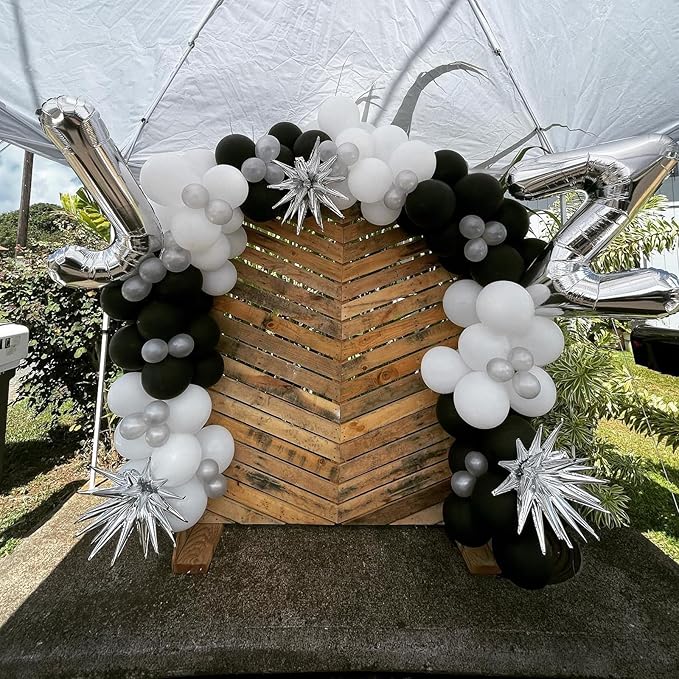Black and Silver Balloons, 60pcs 12 Inches Black White Silver Confetti Balloons with 1 Ribbon for Birthday, Baby Shower, Wedding, and Silver Theme Party Decoration