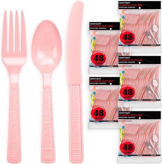 DecorRack Plastic Cutlery Set, Pink Colored Plastic Silverware Sets for Parties, 240 Piece Bulk Heavy Duty Utensils (Pink, 240 Pieces)