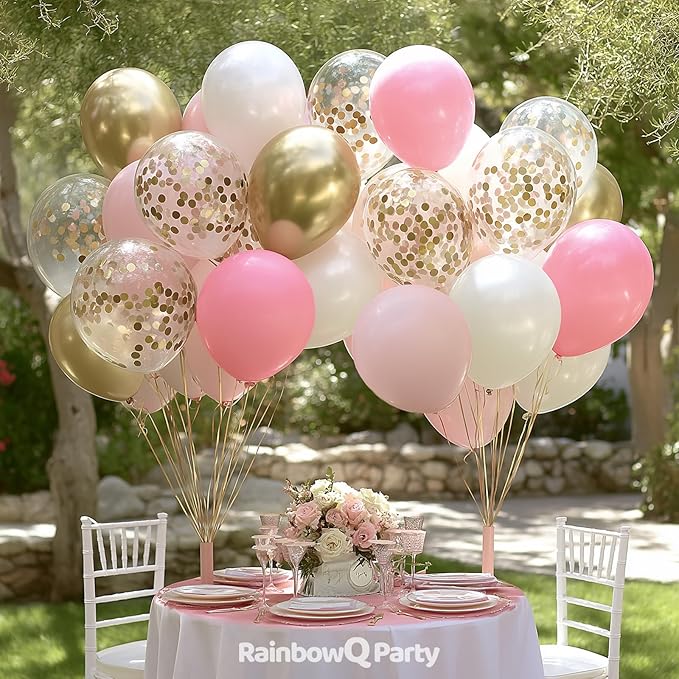 Metallic Pink and Gold Balloons 12 Inch 67PCS Sand White Champagne Confetti Latex Helium Balloons Set for Anniversary Wedding Birthday Party Decorations