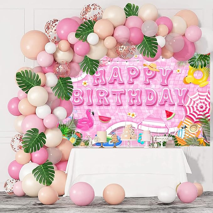 Mocsicka Pool Happy Birthday Backdrop Summer Swimming Pool Birthday Party Decorations Banner Hawaiian Beach Pink Party Supplies Photo Booth Props (Pink, 7x5ft(82"x60"))