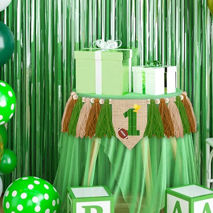 Football Theme 1st Birthday High Chair Banner Green and Brown Yarn Tassel Garland 1 Year Old Birthday Party Decoration with Football Gold Trophy Patterns and Wood Beads for Photo Booth Props
