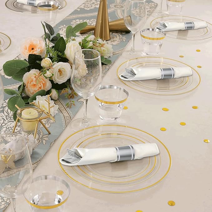 50 Pack Pre Rolled Silver Plastic Silverware Set,Wrapped Plastic Cutlery Set with Napkin Include 50 Forks,50 Spoons,50 Knives and 50 White Napkins for Party,Wedding,Christmas