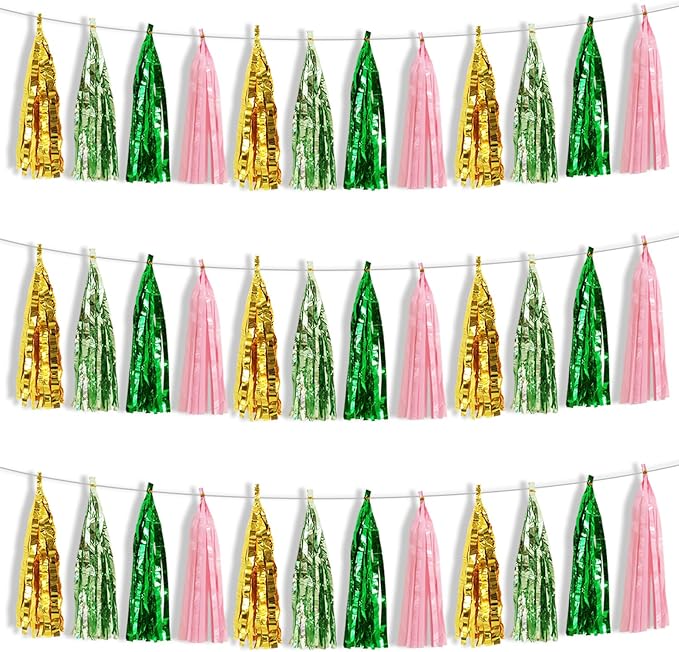 BEISHIDA 3 Packs Green Gold Pink Metallic Foil Fringe Tassel Garland Banner Streamers for Birthday Wedding St. Patrick's Day Bridal/Baby Shower Engagement Bachelorette Mother's Day Party Decoration