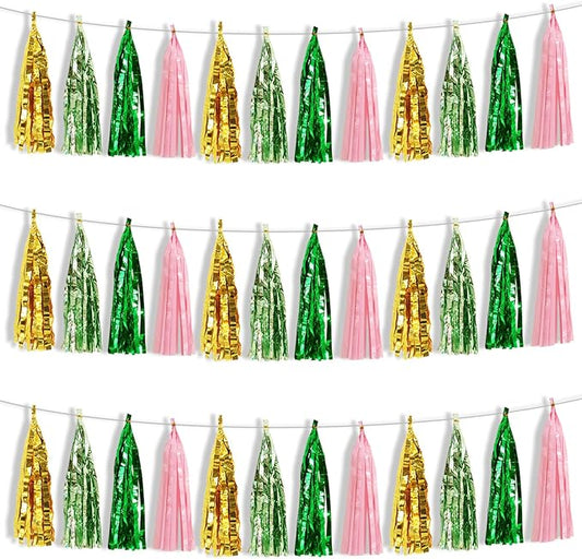 BEISHIDA 3 Packs Green Gold Pink Metallic Foil Fringe Tassel Garland Banner Streamers for Birthday Wedding St. Patrick's Day Bridal/Baby Shower Engagement Bachelorette Mother's Day Party Decoration