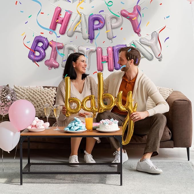Pink Purple Happy Birthday Balloon Banner Set -16 Inch Foil Letters Balloons, Reusable Birthday Decorations and Party Supplies, Suitable for Men and Women's Birthday Decorations，Party Backdrop