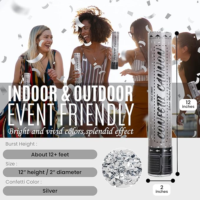 12 Inch Confetti Cannons (6 Pack) – Silver Mylar Confetti Poppers - Air Powered Party Poppers Confetti Shooters for Birthday, Wedding, Graduation, Christmas, New Year Celebrations