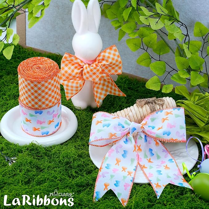 LaRibbons Easter Bunny Wired Ribbon 2 Rolls 2.5 Inch x 12 Yards TTL, Orange Easter Ribbon Plaid for Baskets Crafts Spring Wreath Gift Wrapping Bow Decoration