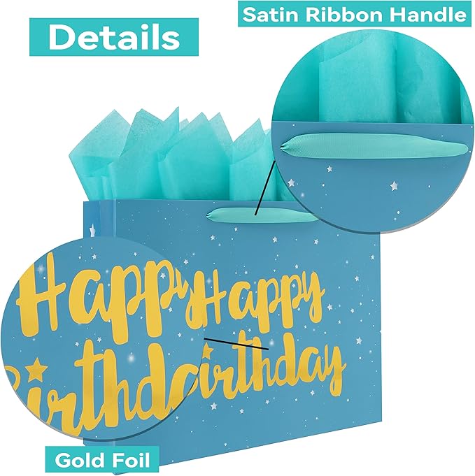 Qirrmiy 16.5” Extra Large Teal Blue Happy Birthday Gift Bag Set with Handles, Green Greeting Card, Tissue Papers and Stickers for Men Boys Women Girls Kids, Stars Design, 1 Pcs.