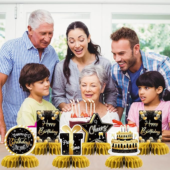 Happy Birthday Table Honeycomb Centerpieces Set, Anniversary Birthday Gifts Table Topper Centerpieces Adults Children Teenager Birthday Party Table Decorations Set of 8 (Gold)
