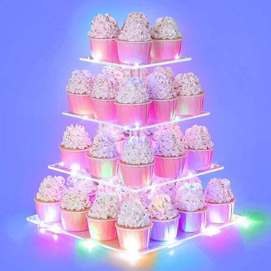 Suneerplay 4 Tier Cupcake Stand with LED String Light, Acrylic Cupcake Display Stand, Square Cupcake Tower Holder, Cup Cake Stand for Birthday, Wedding, Baby Shower, Party