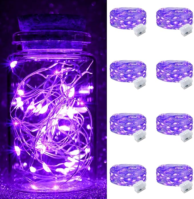 pozzolanas 8 Pack Purple Fairy Lights Battery Operated 3 Modes 7FT 20 LED Waterproof String Lights Twinkle Silver Wire for Mason Jars Wedding Christmas Halloween Party Decor (8, Purple)