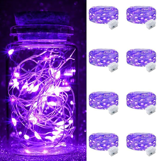 pozzolanas 8 Pack Purple Fairy Lights Battery Operated 3 Modes 7FT 20 LED Waterproof String Lights Twinkle Silver Wire for Mason Jars Wedding Christmas Halloween Party Decor (8, Purple)