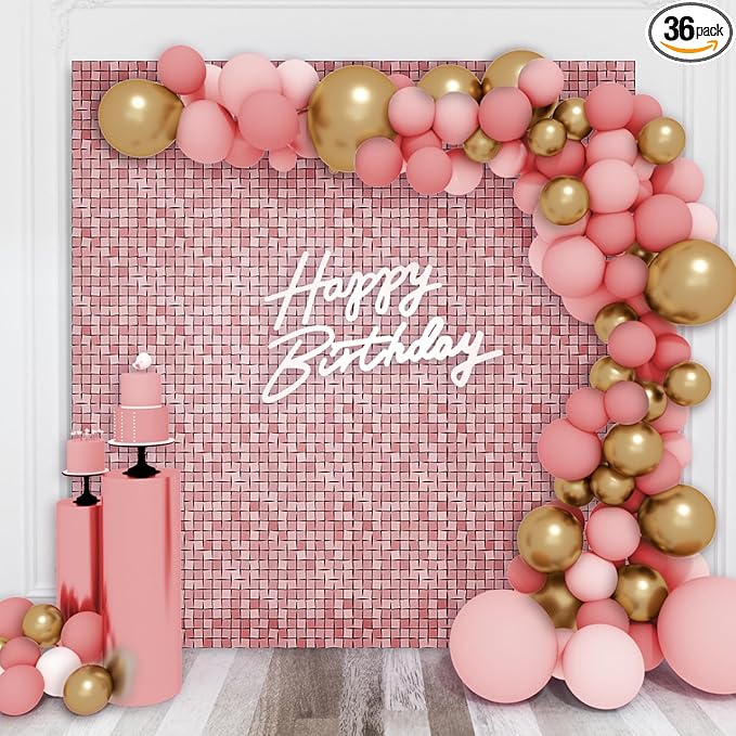 Shimmer Wall Backdrop Matte Pink Square Sequin Wall Panel Backdrop Decor for Wedding, Anniversary, Birthday, Party, 36 Panels