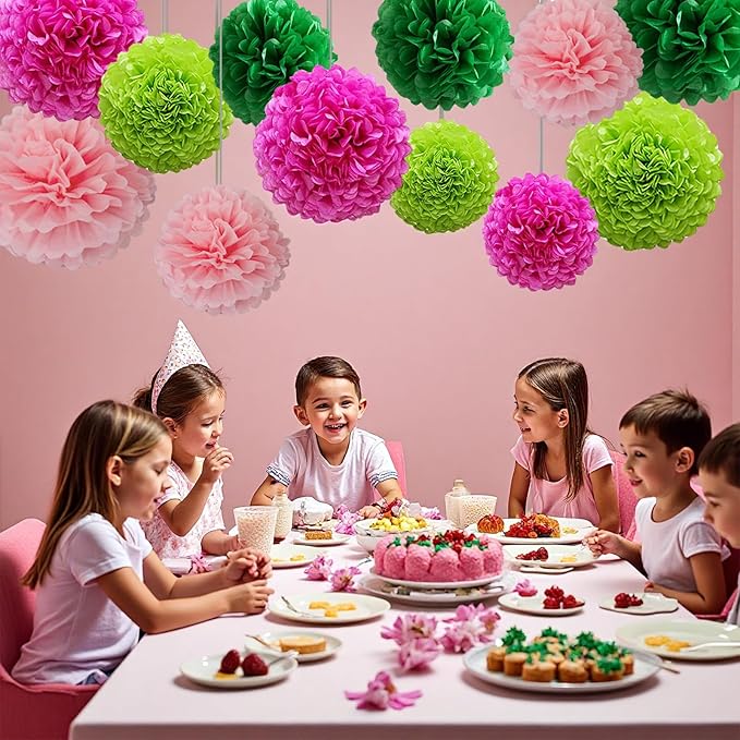 12pcs Hot Pink and Green Tissue Paper Pom Poms,Hanging Paper Pompoms for Pink Green Party Decoration